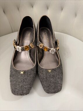 Circus NY Womens Herringbone Mary Jane Flats with Amber and Pearl Accent